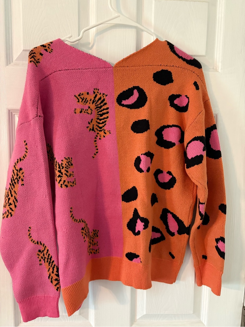 Colorblock Tiger Leopard Cardigan Pink Orange Statement Knit Medium - Picture 3 of 6
